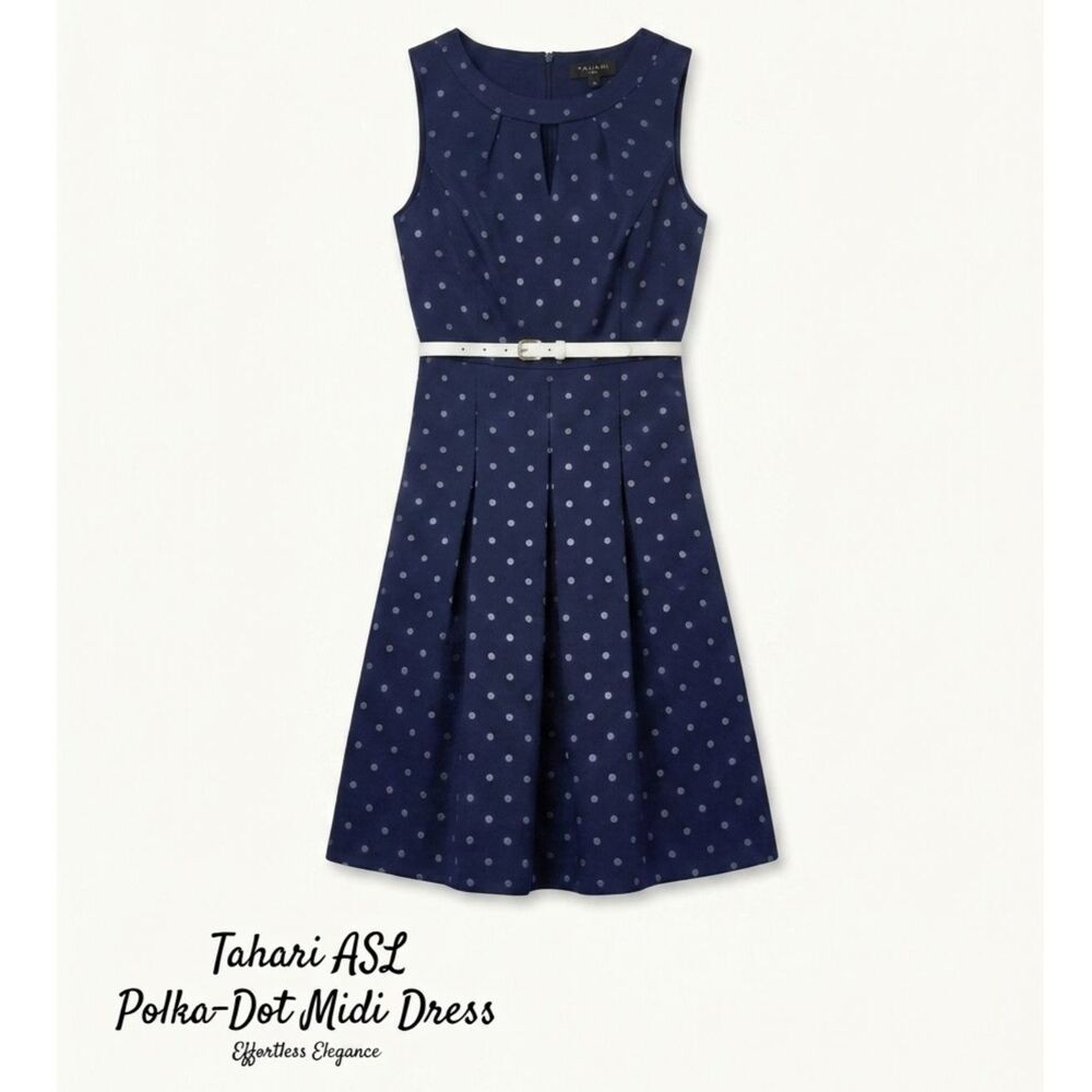 Tahari ASL Navy Blue Polka Dot Midi Dress 8 | Dark Academia | Cottage | Regency